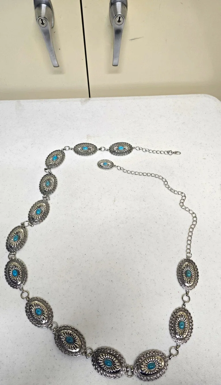 Beltiscool Women's Western Oval Turquoise Stone Concho Chain Belt